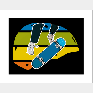 Colorful Retro Skateboard Helmet with Kickflip Posters and Art